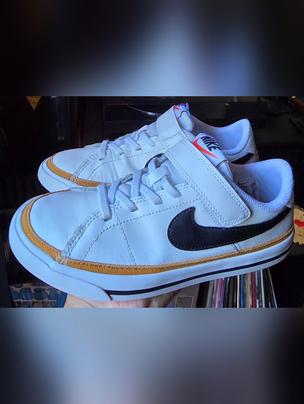 Sz 1Y Little Kids NIKE COURT LEGACY 'White/Desert Ochre' Bungee Lace/Adj Strap